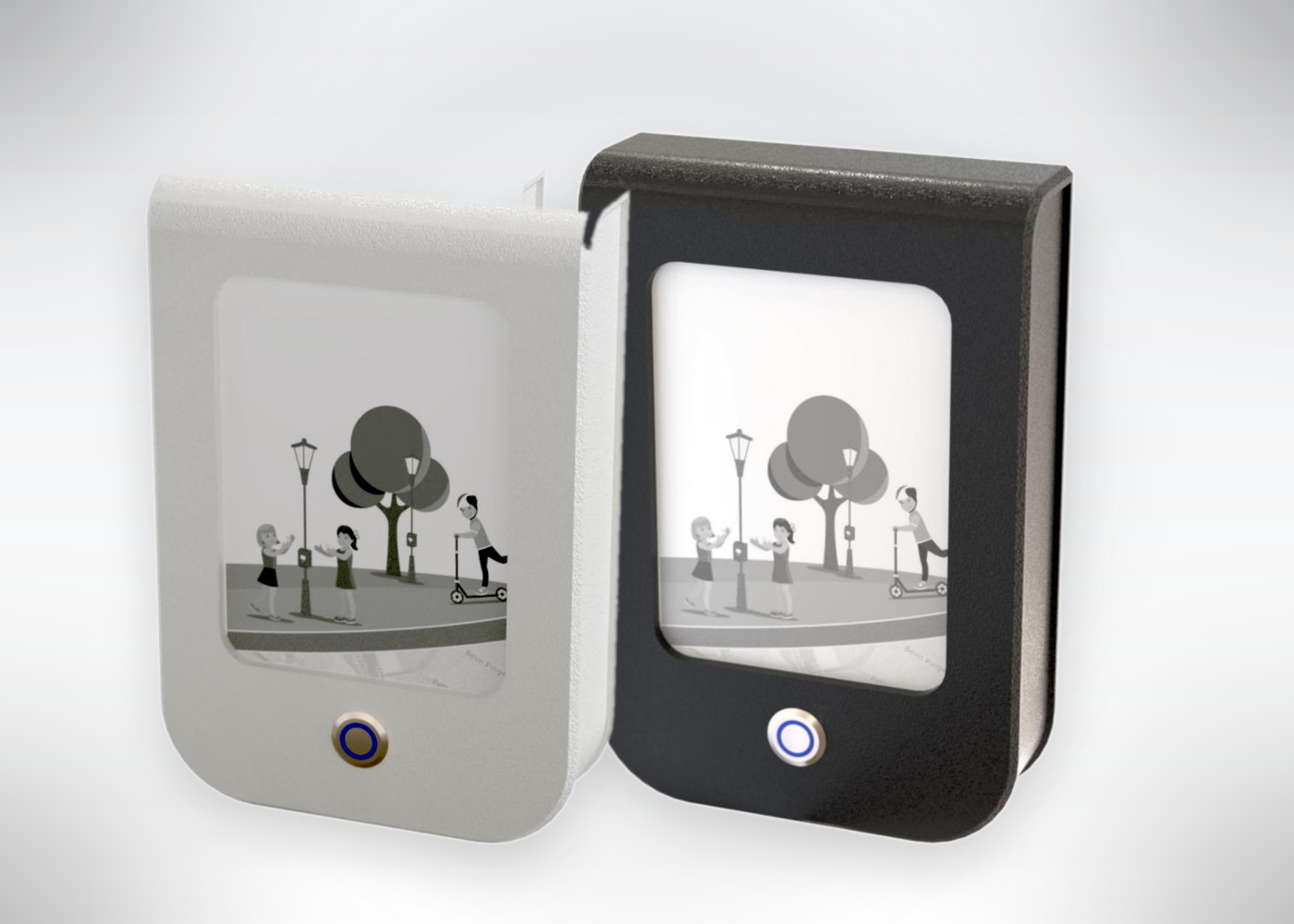 Zwei Farbvarianten des Outdoor-E-Papers von pironex (hell und dunkel) mit 5,2-Zoll-E-Paper-Display, das eine Parkszene mit Kindern und Straßenlaterne zeigt, sowie integriertem Taster