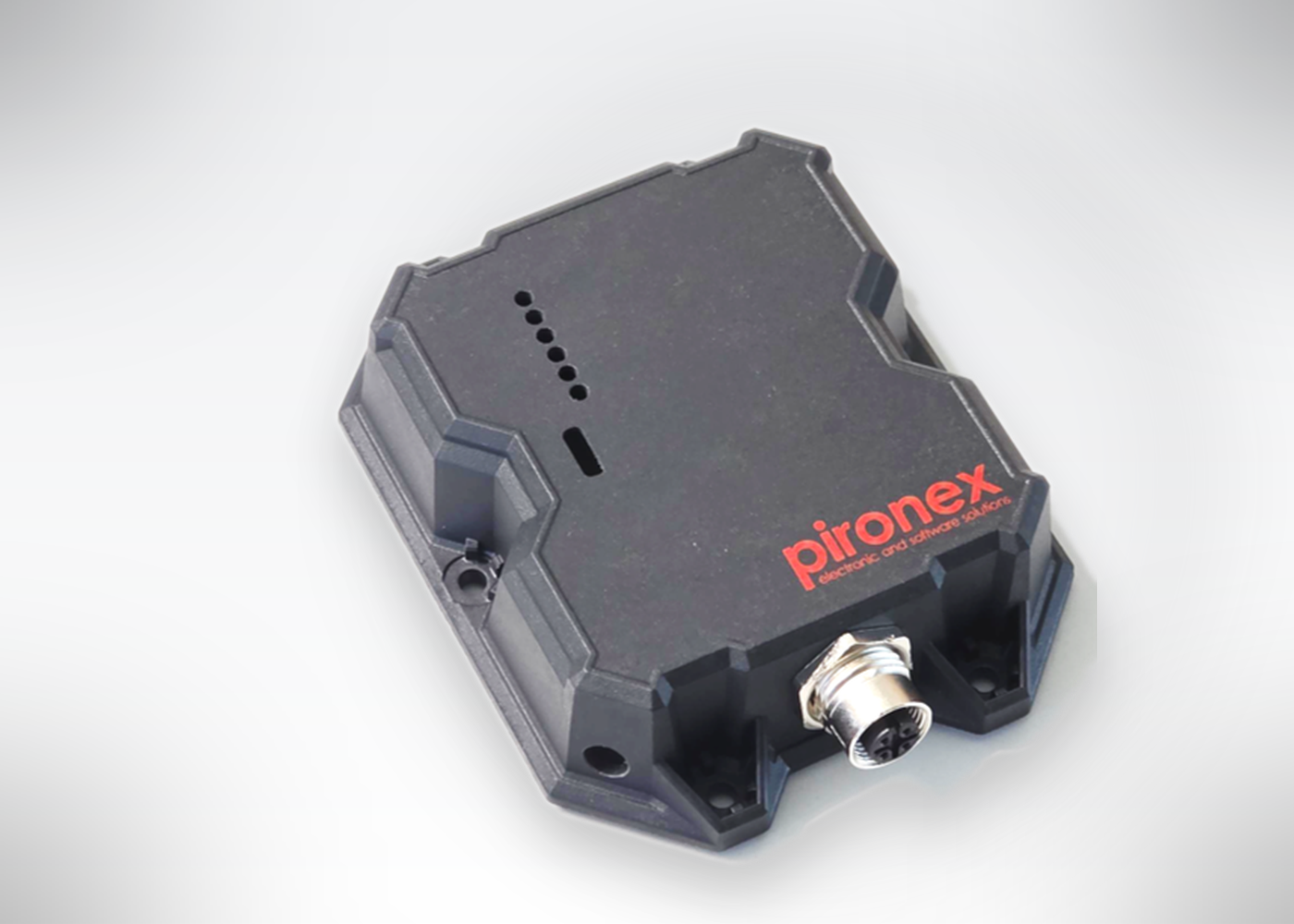 Produktfoto des piSmart-Gateway Linux von pironex: robustes schwarzes Gehäuse mit Status-LEDs und M12-Rundsteckverbinder auf hellem Hintergrund